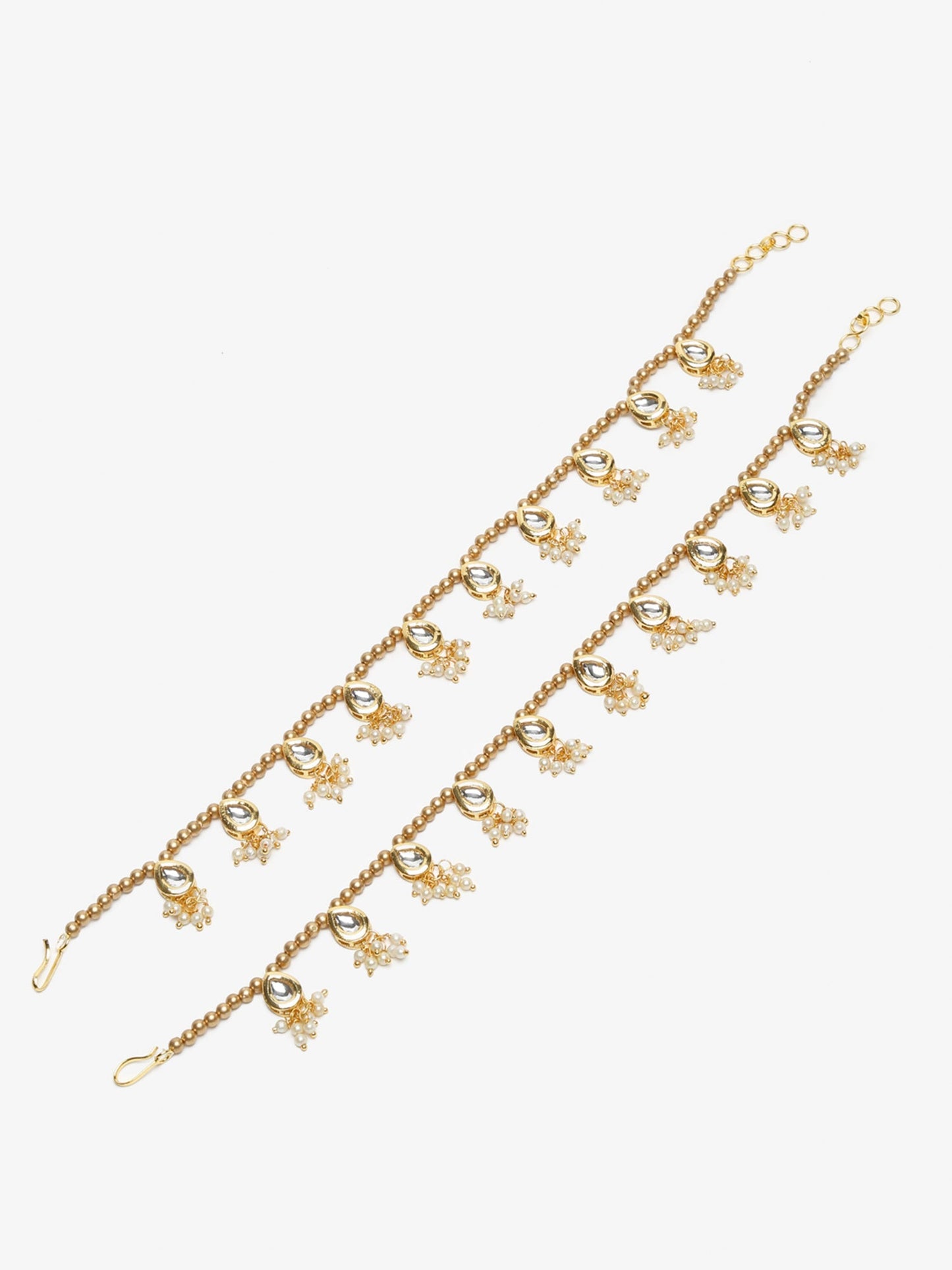 Gold-Polished White Kundan Set Of 2 Anklets - Ruby Raang | Swadesiicart