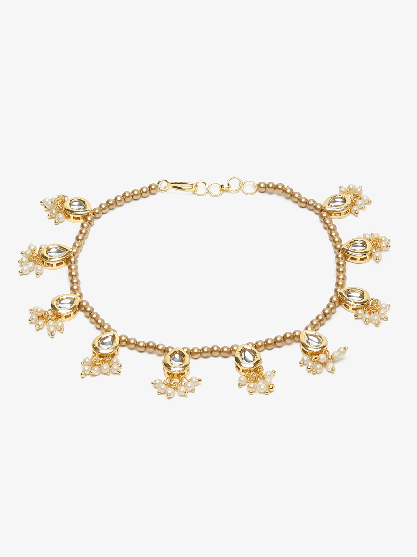 Gold-Polished White Kundan Set Of 2 Anklets - Ruby Raang | Swadesiicart
