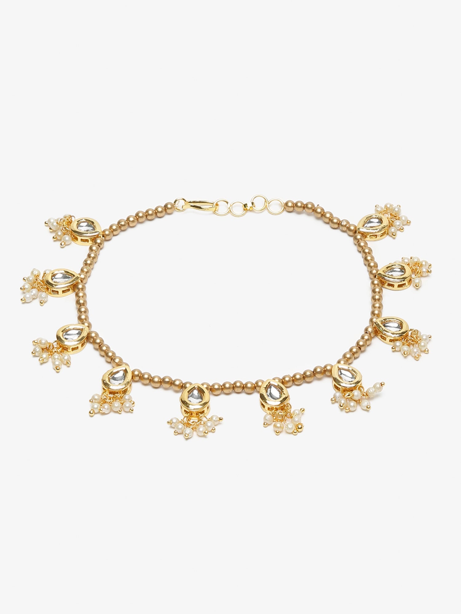 Gold-Polished White Kundan Set Of 2 Anklets - Ruby Raang | Swadesiicart