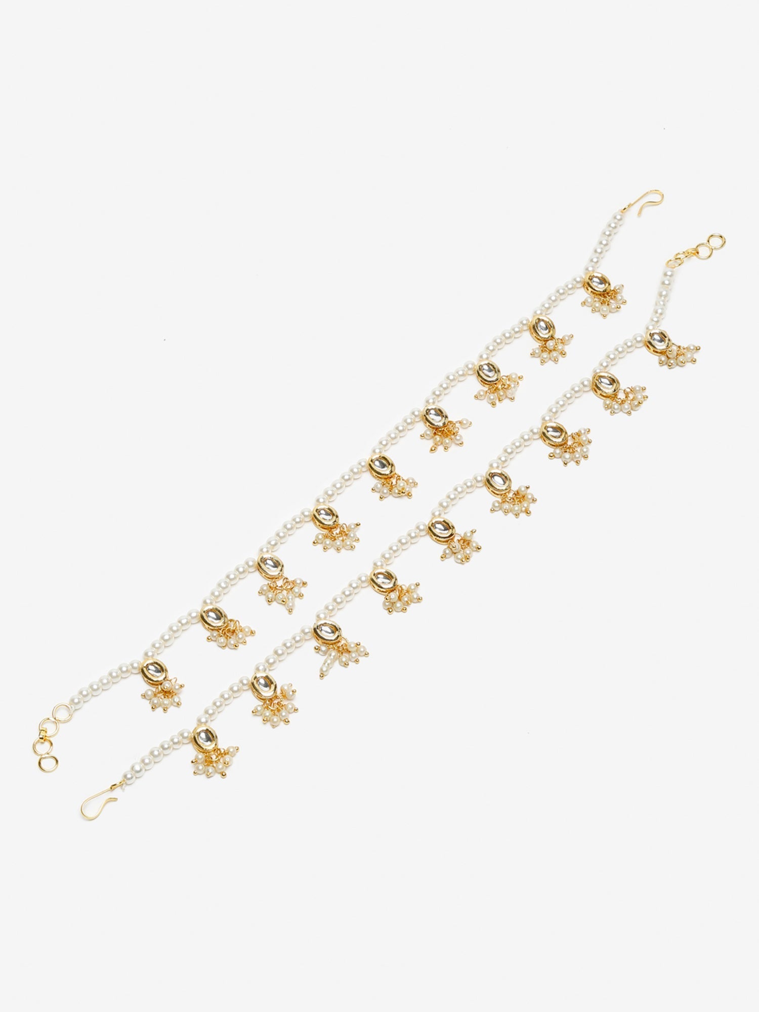 White Gold-Toned Plated Kundan Anklets Set Of 2 - Ruby Raang | Swadesiicart