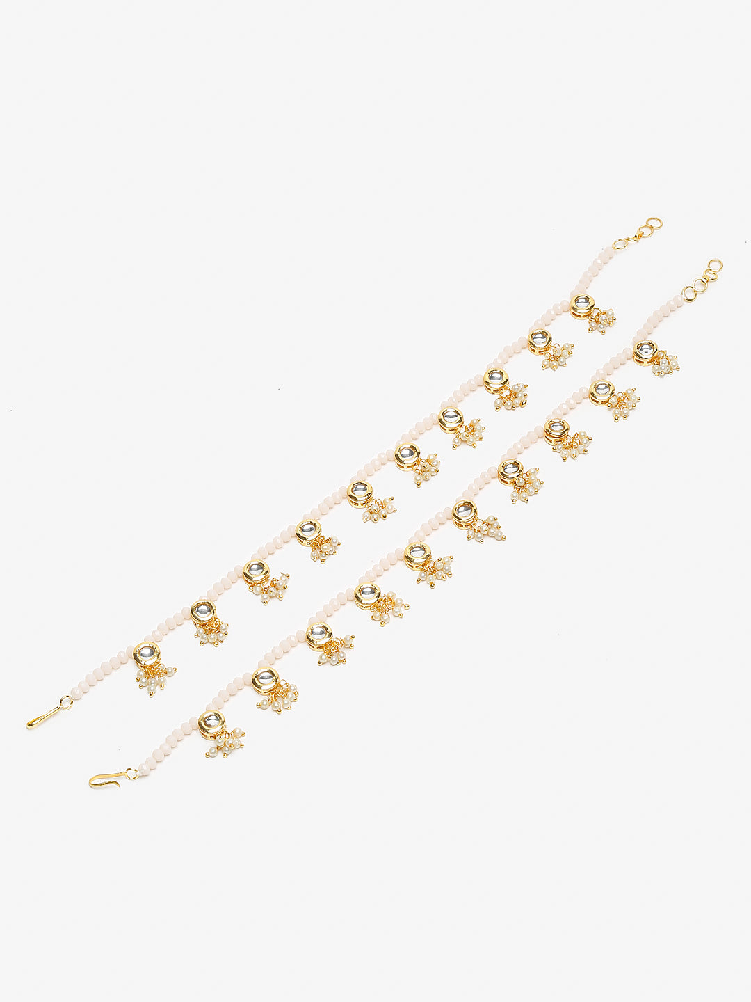 Gold-Polished White Handcrafted Kundan Set Of 2-Studded Beaded Anklets - Ruby Raang | Swadesiicart