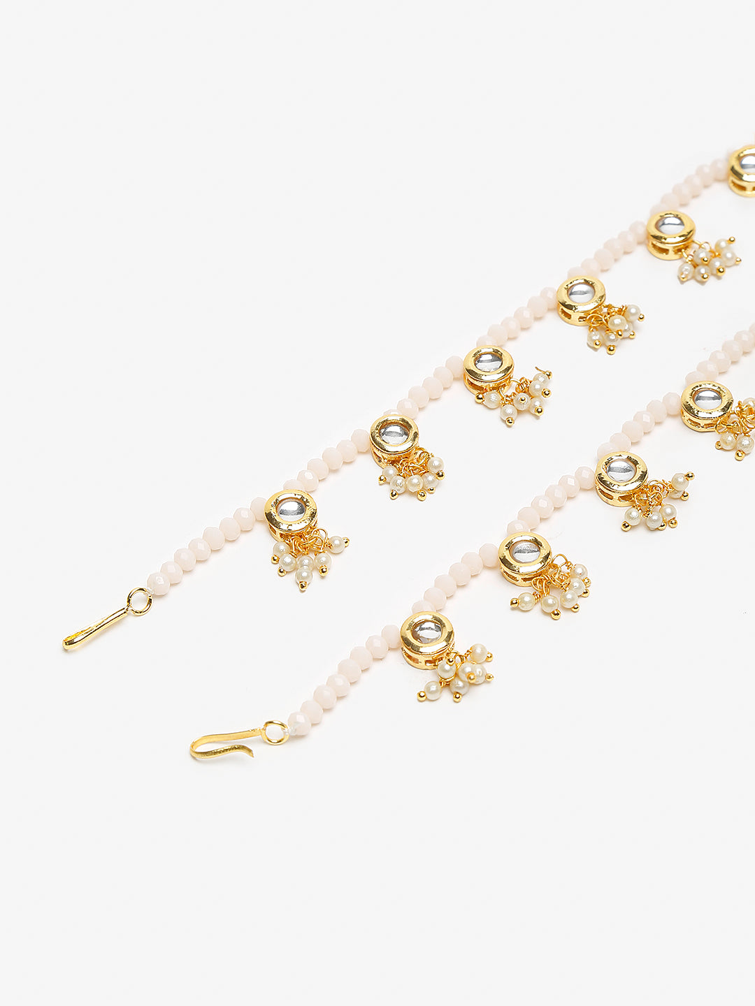 Gold-Polished White Handcrafted Kundan Set Of 2-Studded Beaded Anklets - Ruby Raang | Swadesiicart