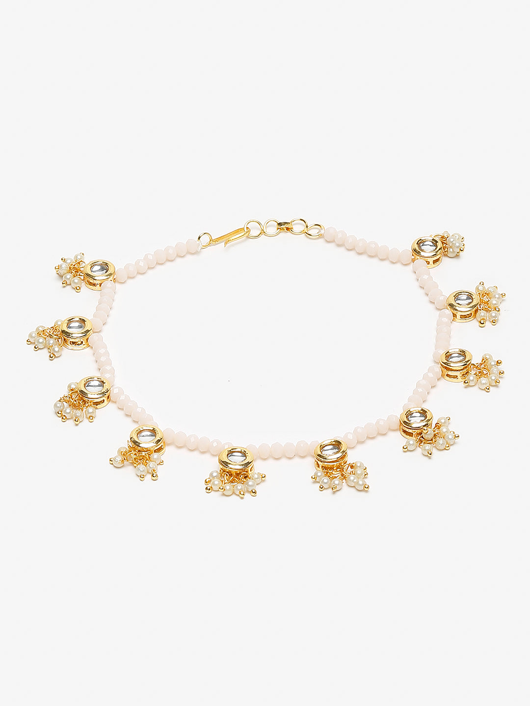 Gold-Polished White Handcrafted Kundan Set Of 2-Studded Beaded Anklets - Ruby Raang | Swadesiicart