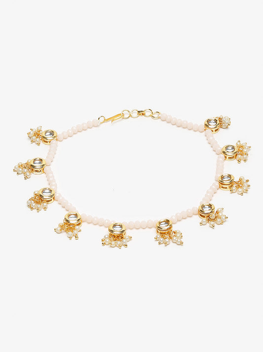 Gold-Polished White Handcrafted Kundan Set Of 2-Studded Beaded Anklets - Ruby Raang | Swadesiicart