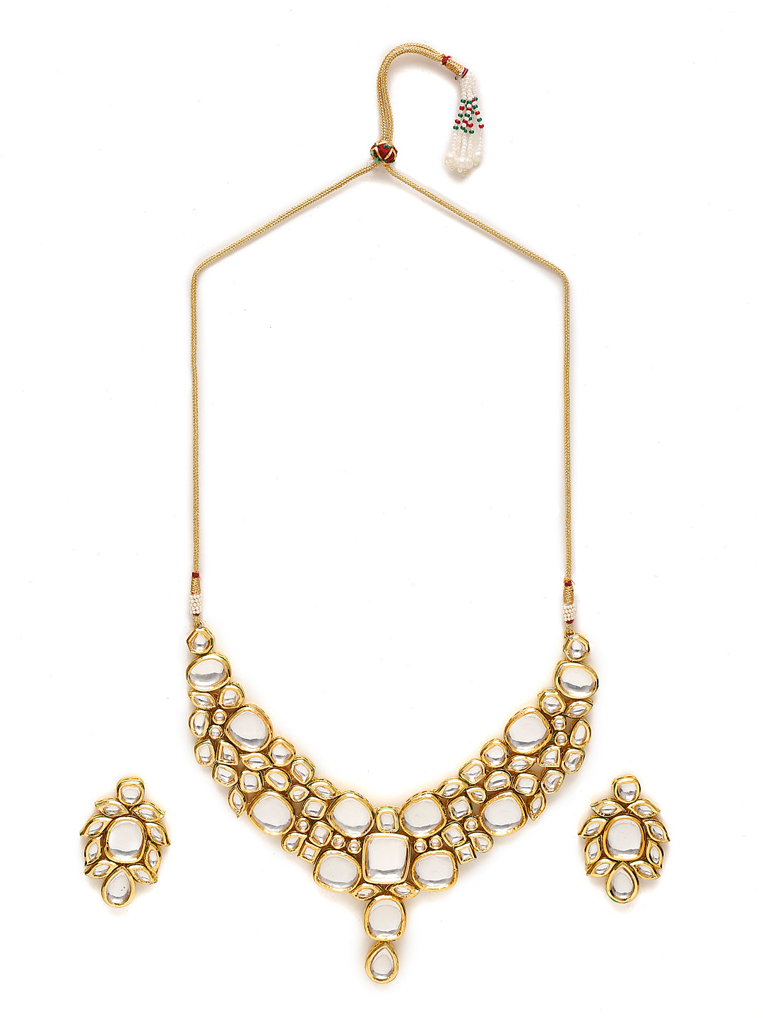 Gold-Toned Kundan Necklace With Earrings - Ruby Raang - Swadesiicart