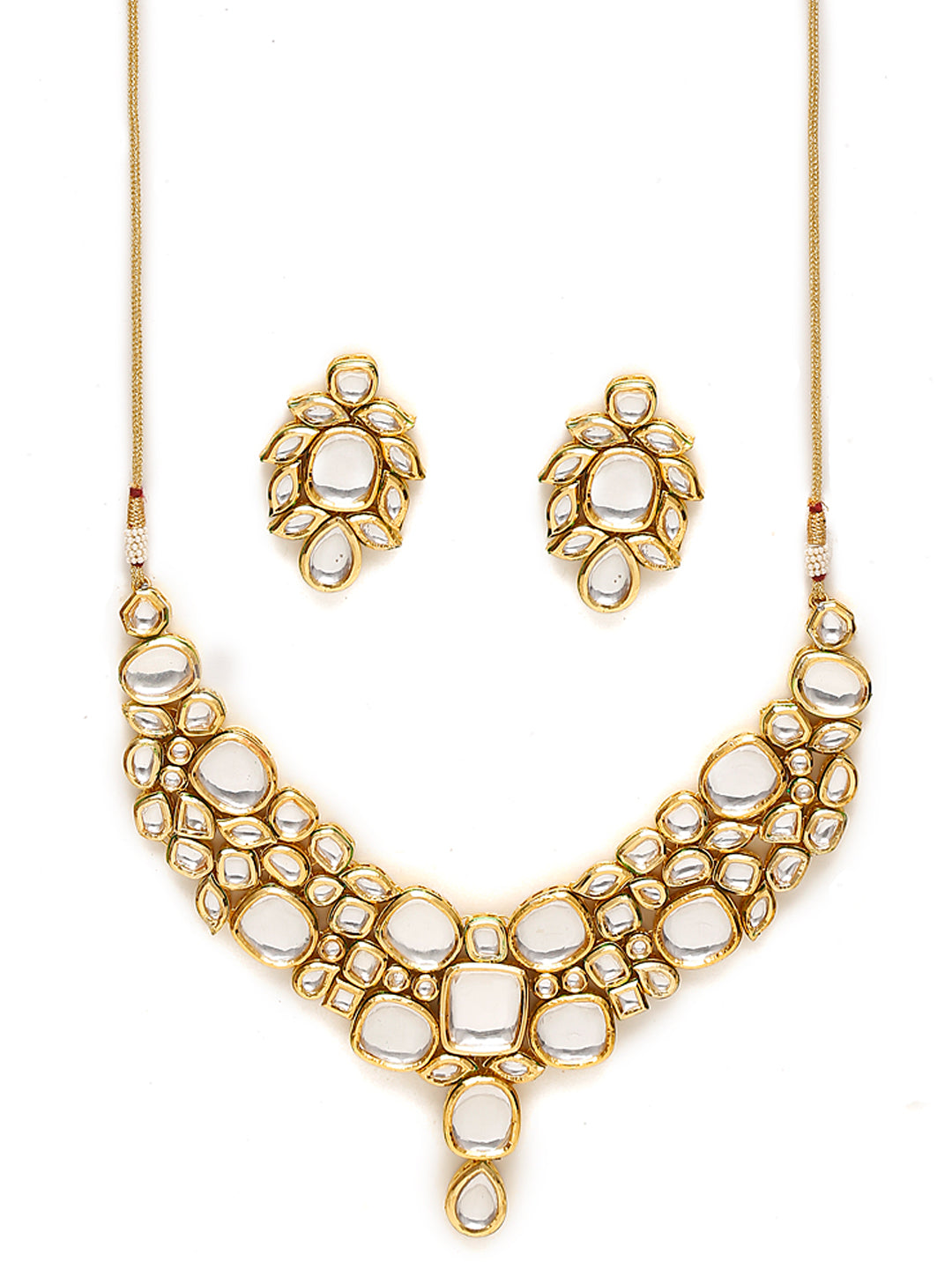 Gold-Toned Kundan Necklace With Earrings - Ruby Raang - Swadesiicart