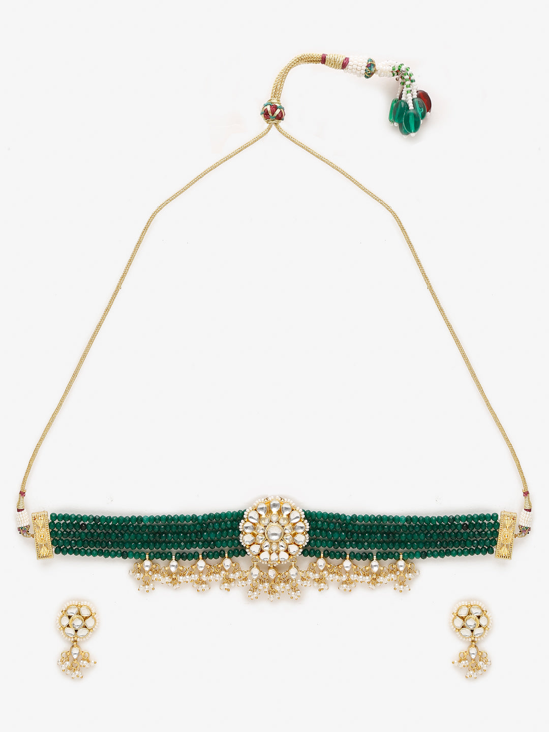 Gold-Polished Green Kundan-Studded Choker With Earrings - Ruby Raang | Swadesiicart