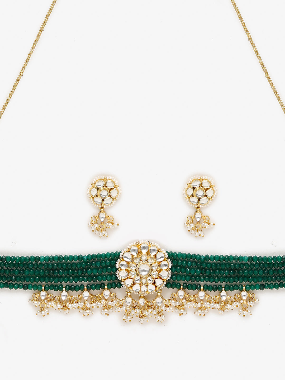 Gold-Polished Green Kundan-Studded Choker With Earrings - Ruby Raang | Swadesiicart
