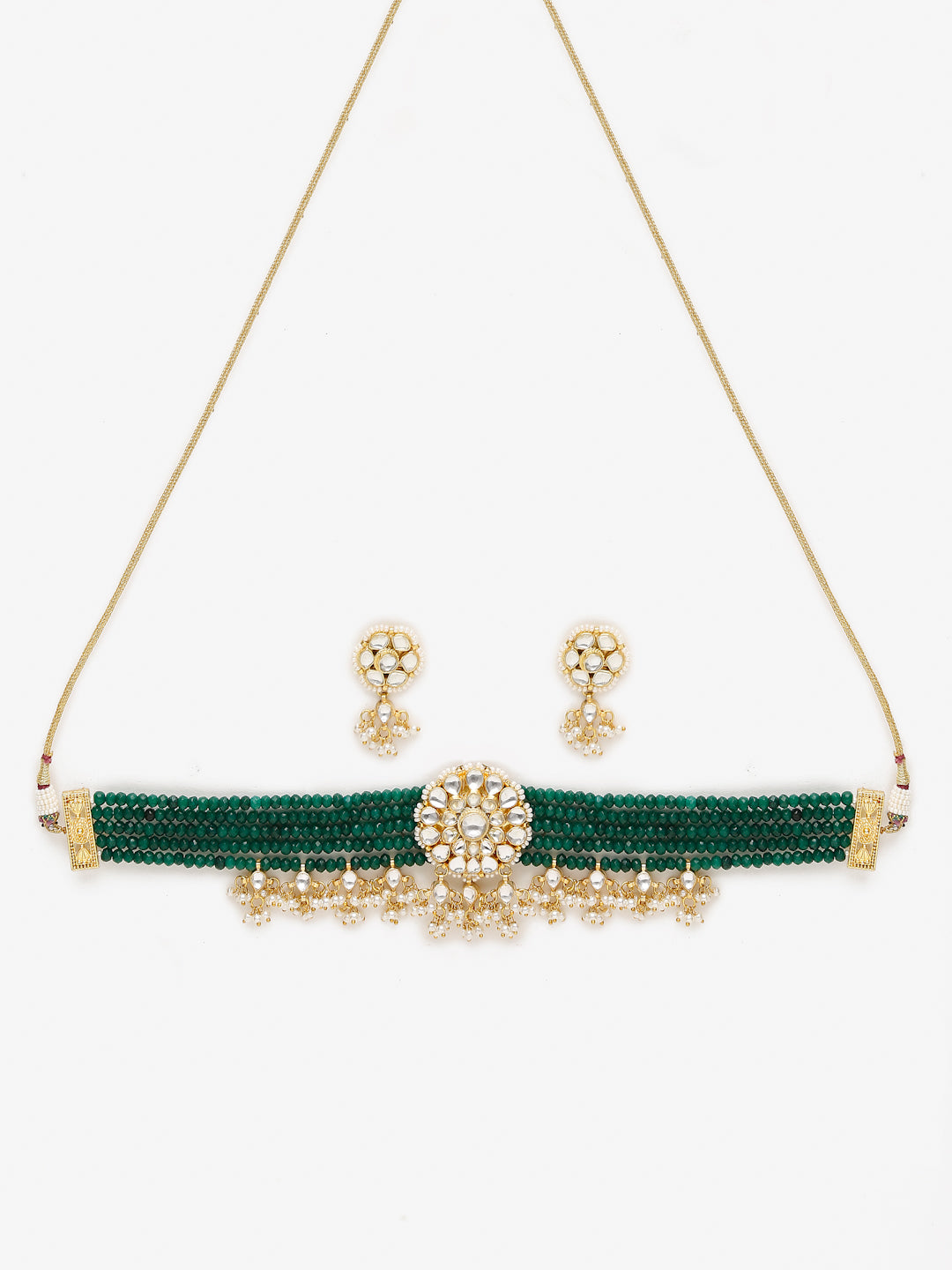 Gold-Polished Green Kundan-Studded Choker With Earrings - Ruby Raang | Swadesiicart