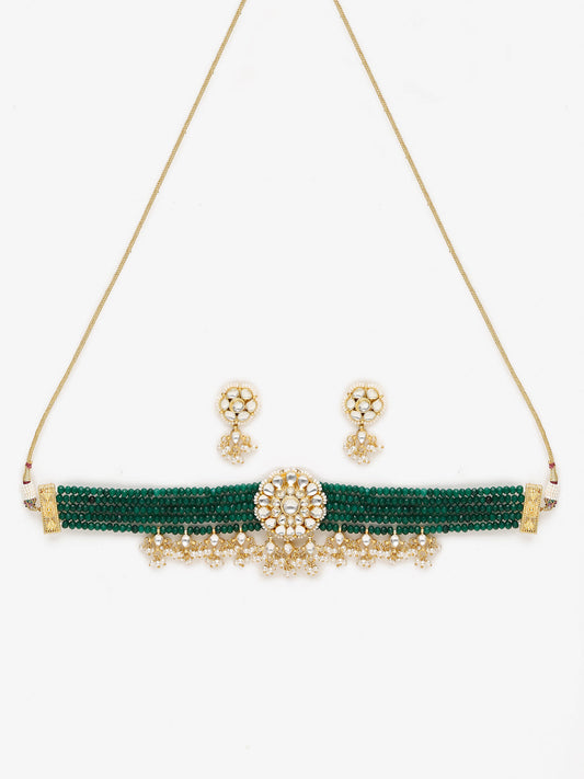 Gold-Polished Green Kundan-Studded Choker With Earrings - Ruby Raang | Swadesiicart