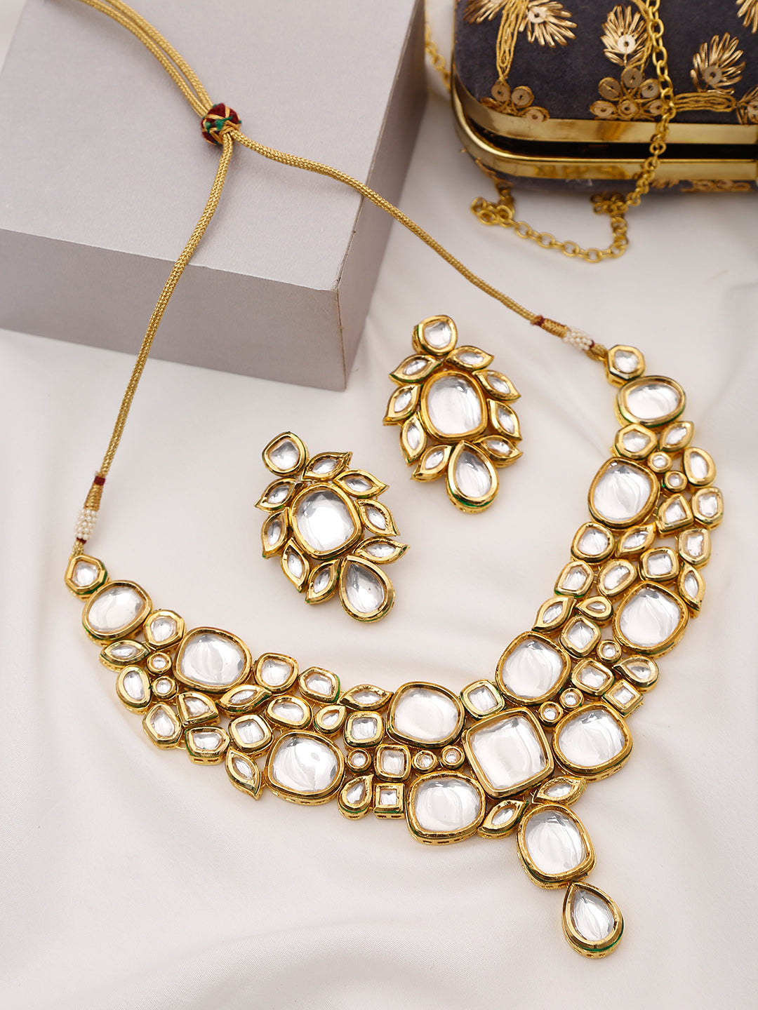 Gold-Toned Kundan Necklace With Earrings - Ruby Raang - Swadesiicart