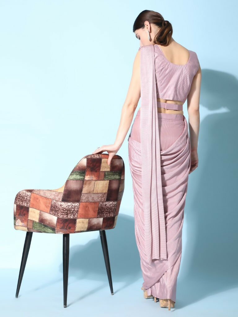 Pink Imported Crush Lycra Texture Pattern Ready to Wear Saree with stitched Blouse - Nirvana | Swadesiicart