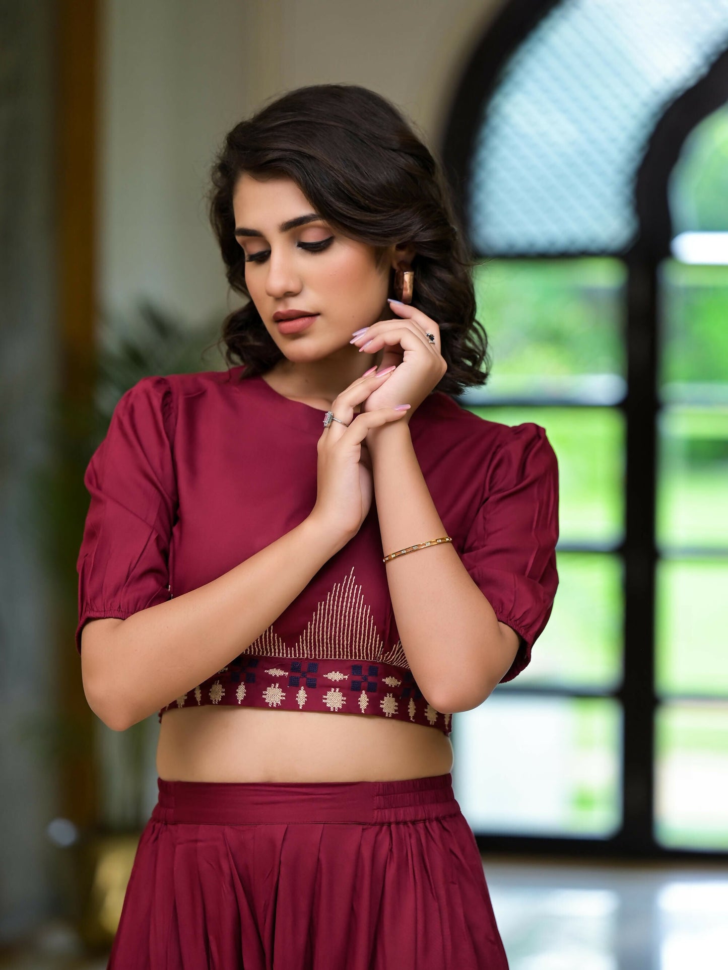 Juniper Women's Rust Thread Embroidered Rayon Top & Dhoti Pant Set - Swadesiicart