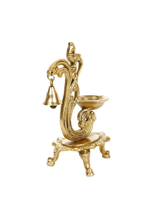 CraftVatika Gold-Toned Brass Handmade Decorative Peacock Design Diya with Bell & Stand | Swadesiicart