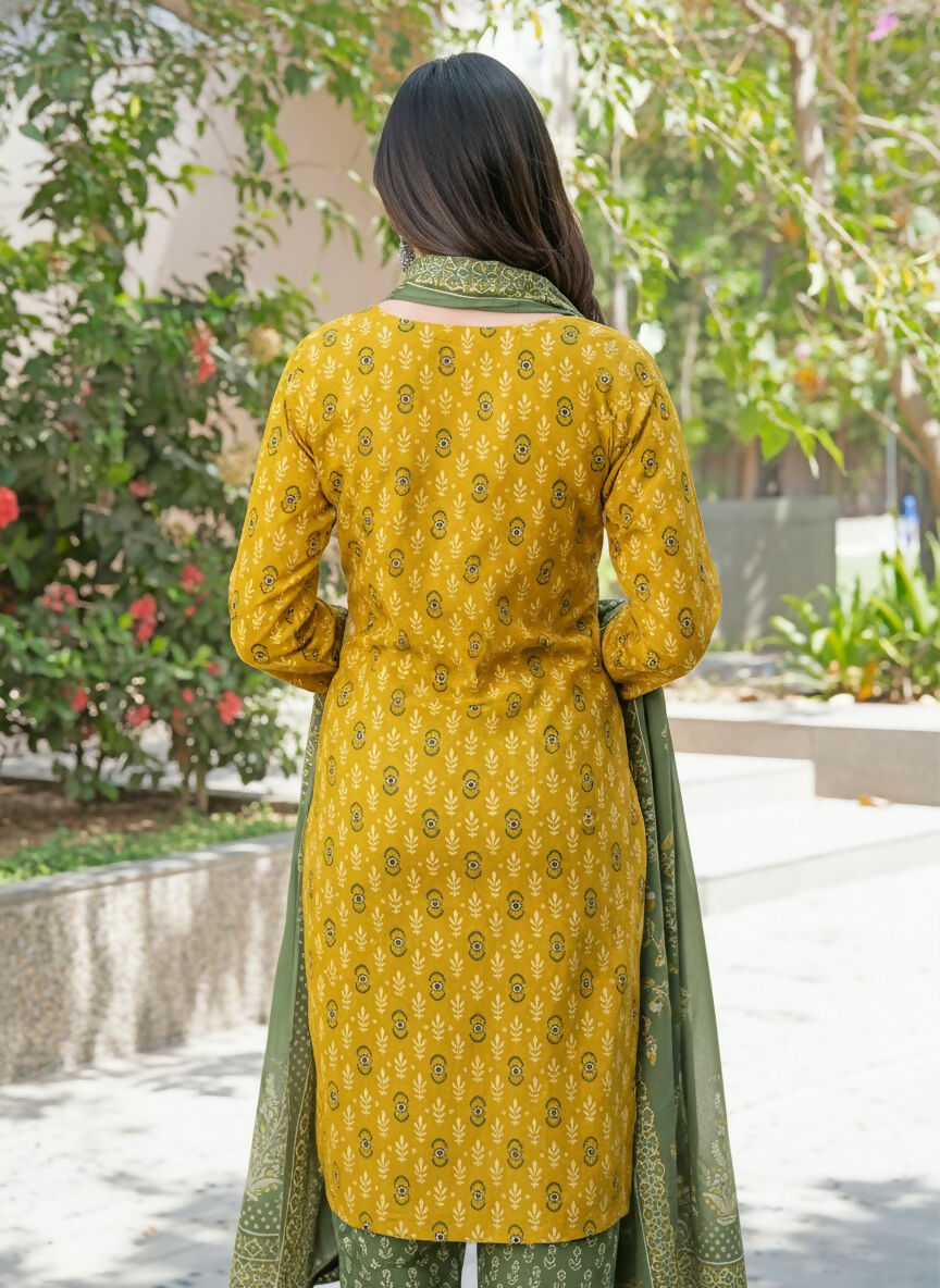 BulBul Aaliya Mustard Cotton Kurta Set with Dupatta - Swadesiicart