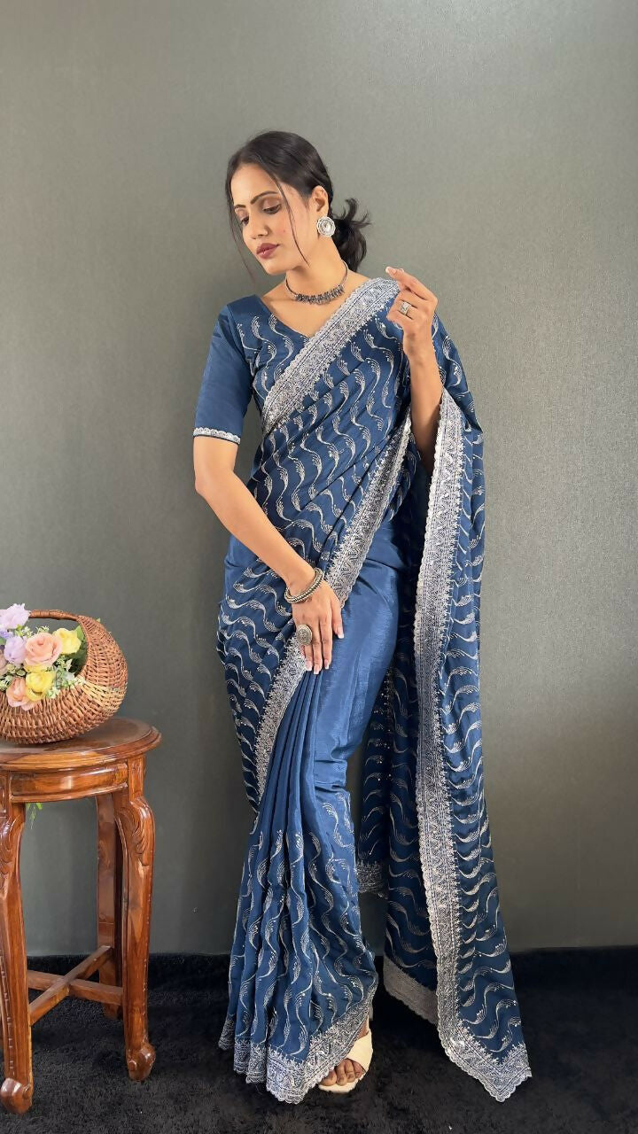 Vastranavya Sea Blue Chinnon Silk Embroidery Multi Sequence & Arco Cut Work Ready to Wear Saree | Swadesiicart