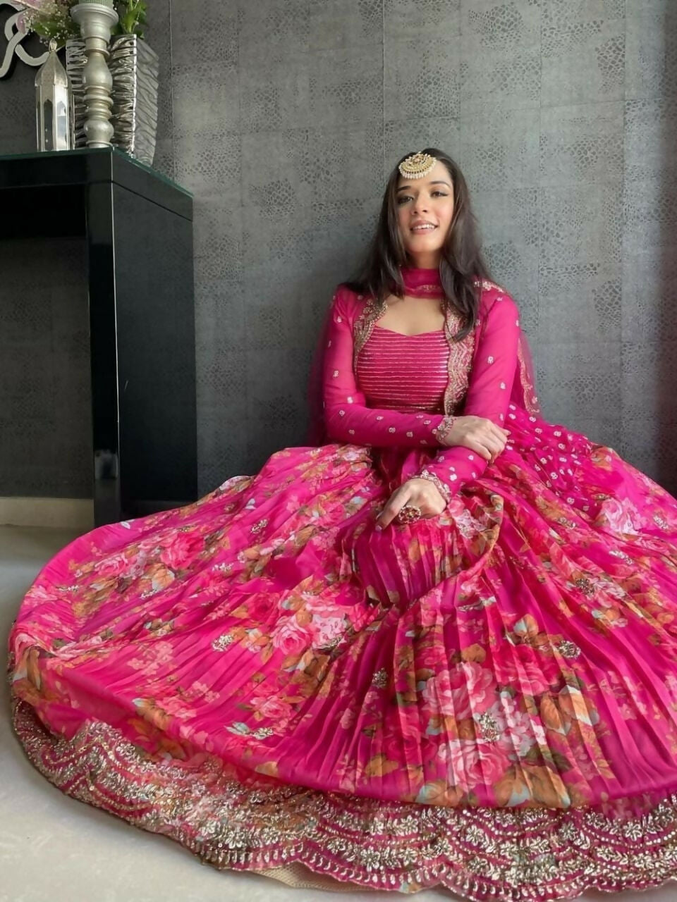 Jyoti Fashion Pink Jari with Sequin Embroidered Georgette Semi Lehenga Choli with Dupatta | Swadesiicart