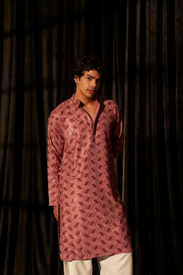 Pink viscose Chikankari Embroidery Work Men's Traditional Kurta Set - Mahotsav | Swadesiicart