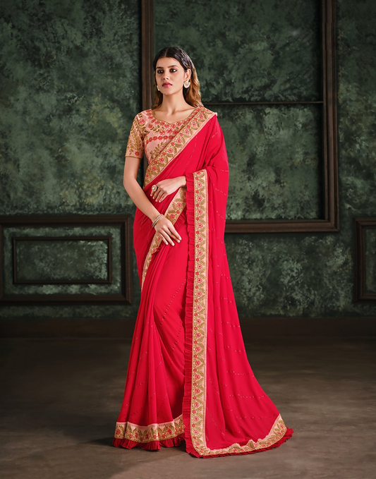 Red Silk Georgetteresham, Zari And Cord Embroidery Saree - Norita Hit - Swadesiicart