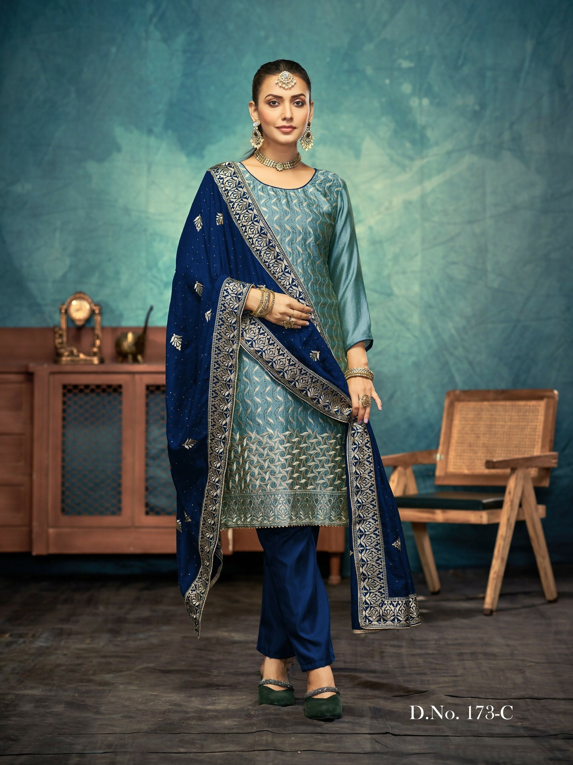 Anaita Light Teal Premium Embroidered with servos waki diamond Vichitra Silk Stitched Salwar Suit