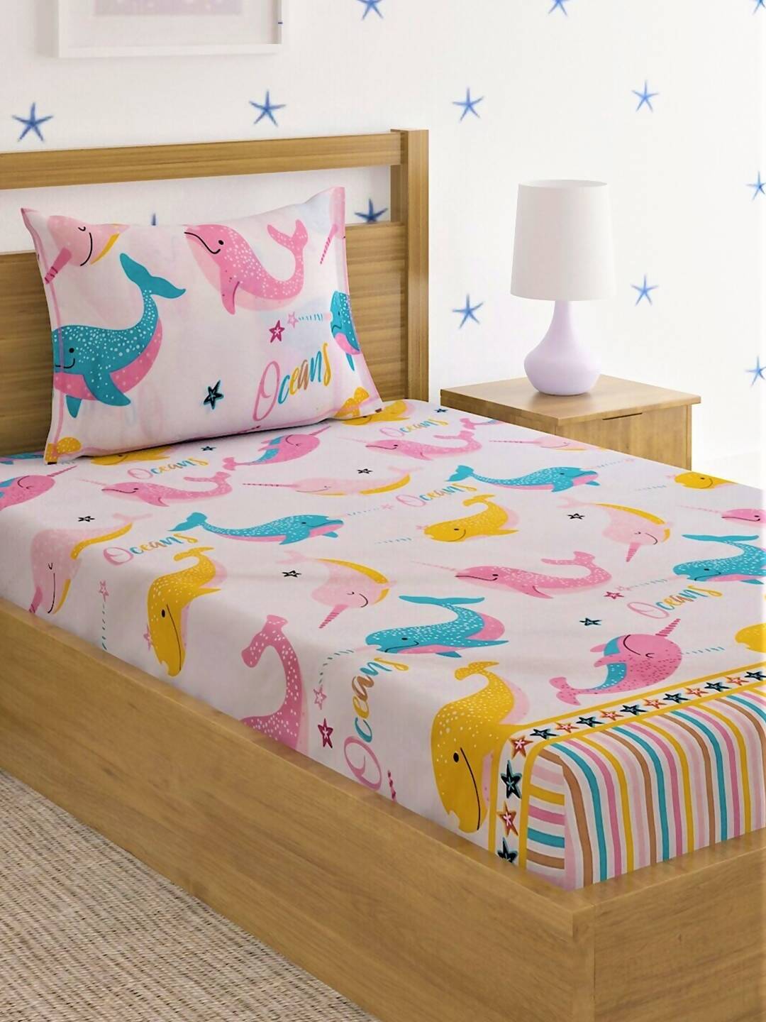Home Sizzler Pink & Blue Cartoon 210 TC Cotton Bedsheet with Pillow Covers - Swadesiicart