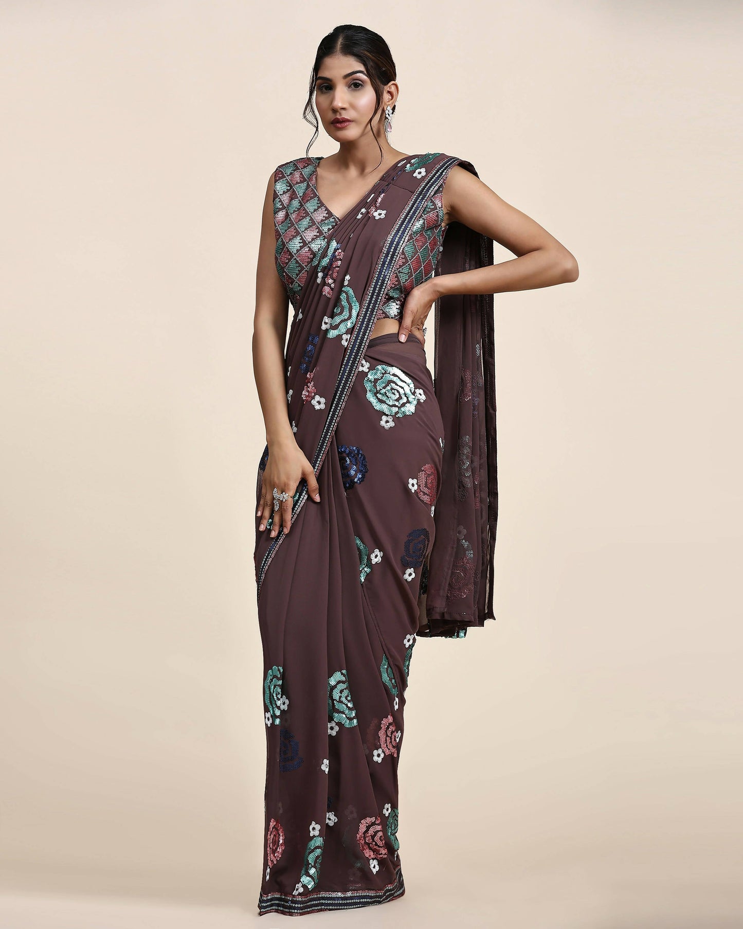 Brown Pure Georgette Sequence work Ready to wear Saree with stitched Blouse - Nirvana | Swadesiicart