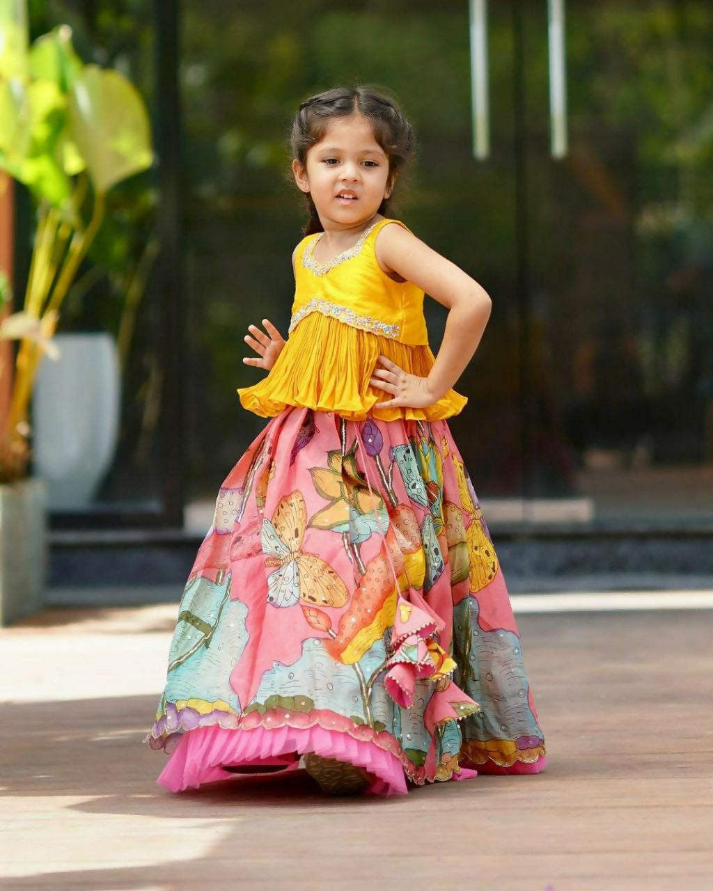 Jyoti Fashion Classy Pink Chinon Silk Printed with Embroidered Kids Lehenga Choli Set | Swadesiicart