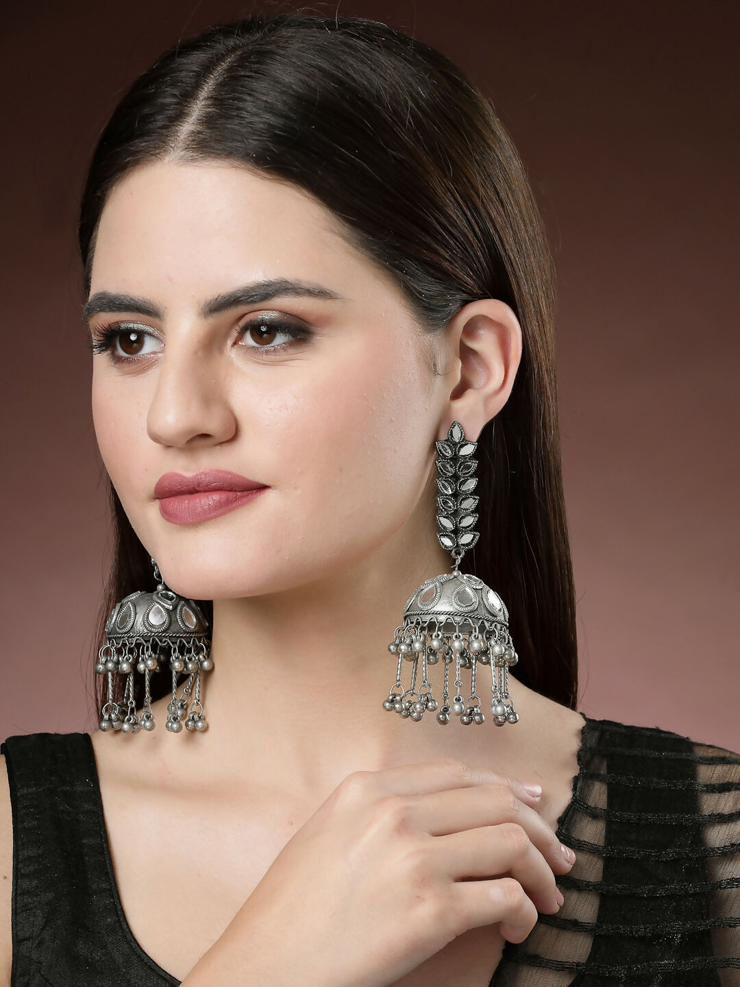 NVR Women's Silver Plated Mirror Work Oxidised Contemporary Jhumka Earrings | Swadesiicart