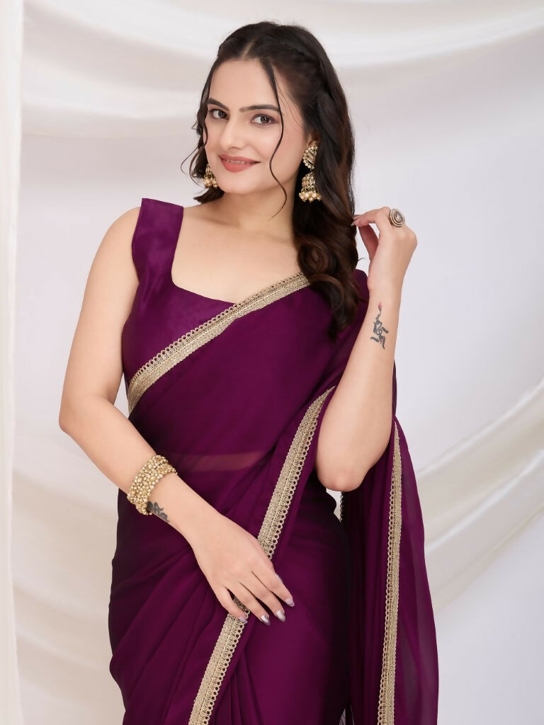 Purple Rangoli Silk Solid, Lace Border Ready To Wear Saree - Kashvi | Swadesiicart