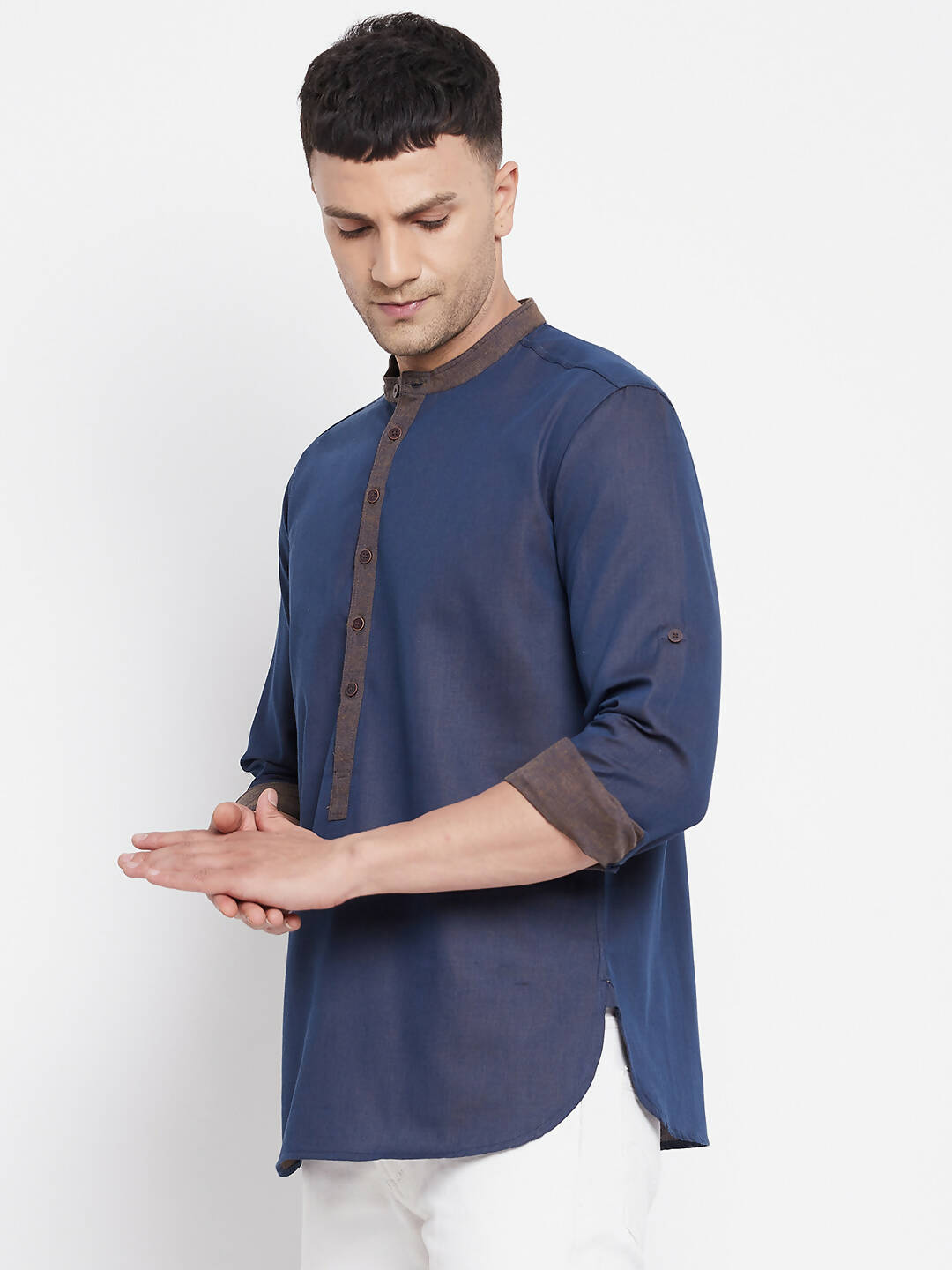 Even Apparels Pure Cotton Blue Men's Kurta With Band Collar | Swadesiicart