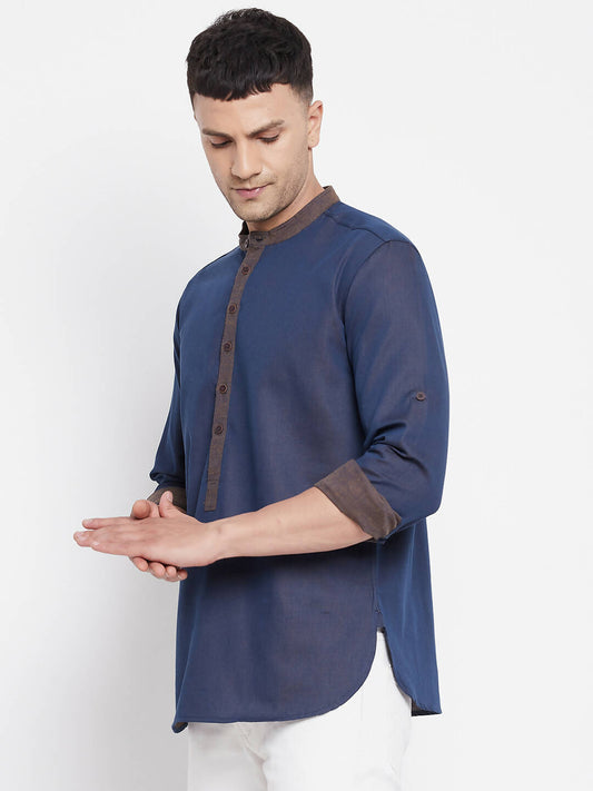 Even Apparels Pure Cotton Blue Men's Kurta With Band Collar | Swadesiicart