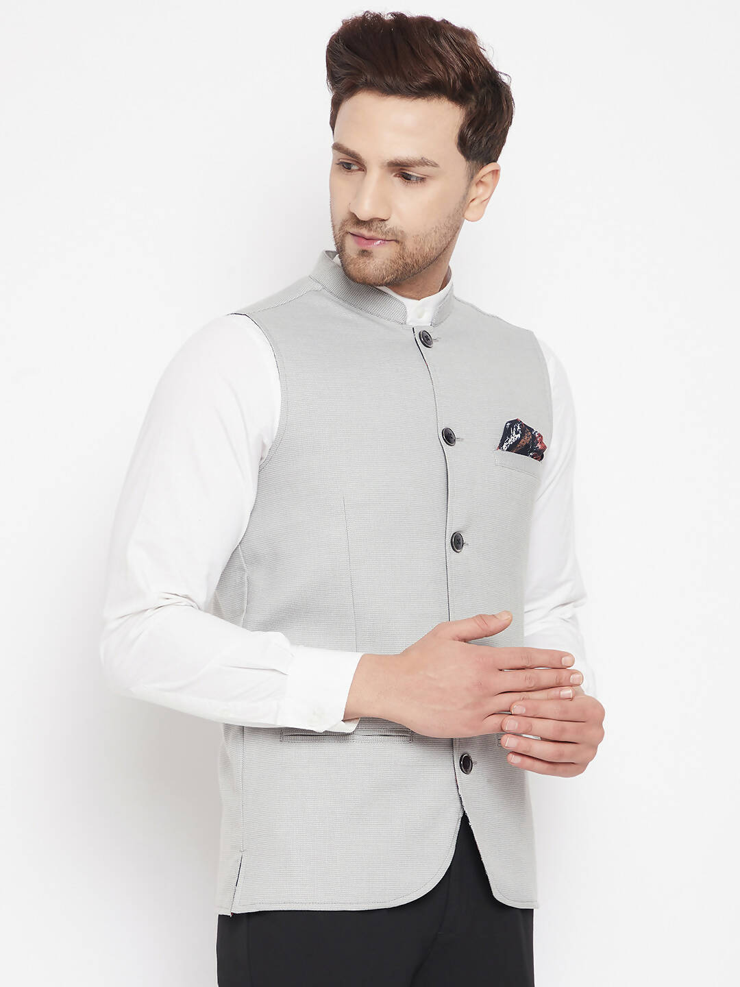 Even Apparels Grey Merino Men's Nehru Jacket-Contrast Lining-Free Pocket Square | Swadesiicart