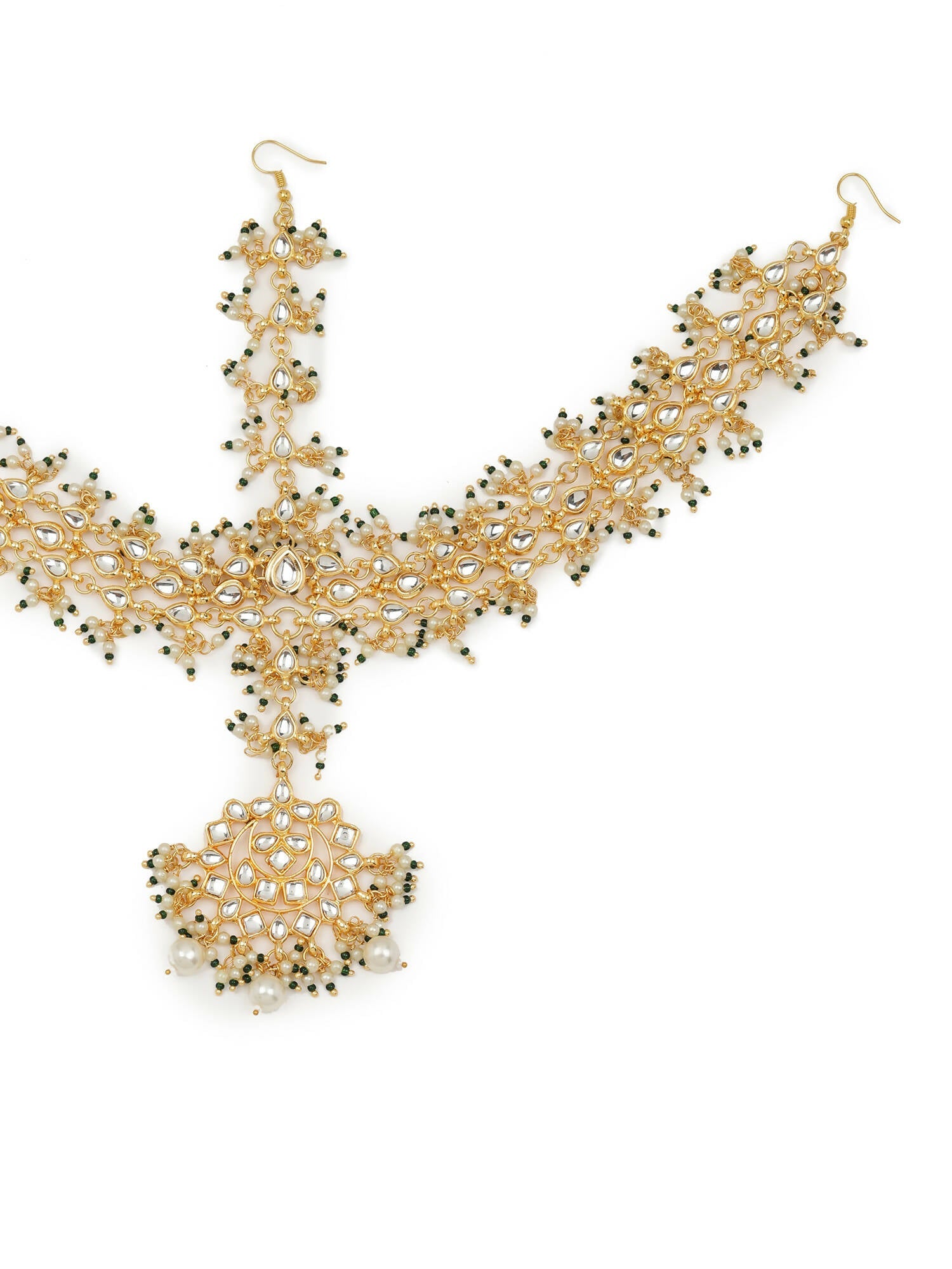 Gold-Polished White Green Kundan-Studded Pearl Beaded Matha Patti - Ruby Raang | Swadesiicart