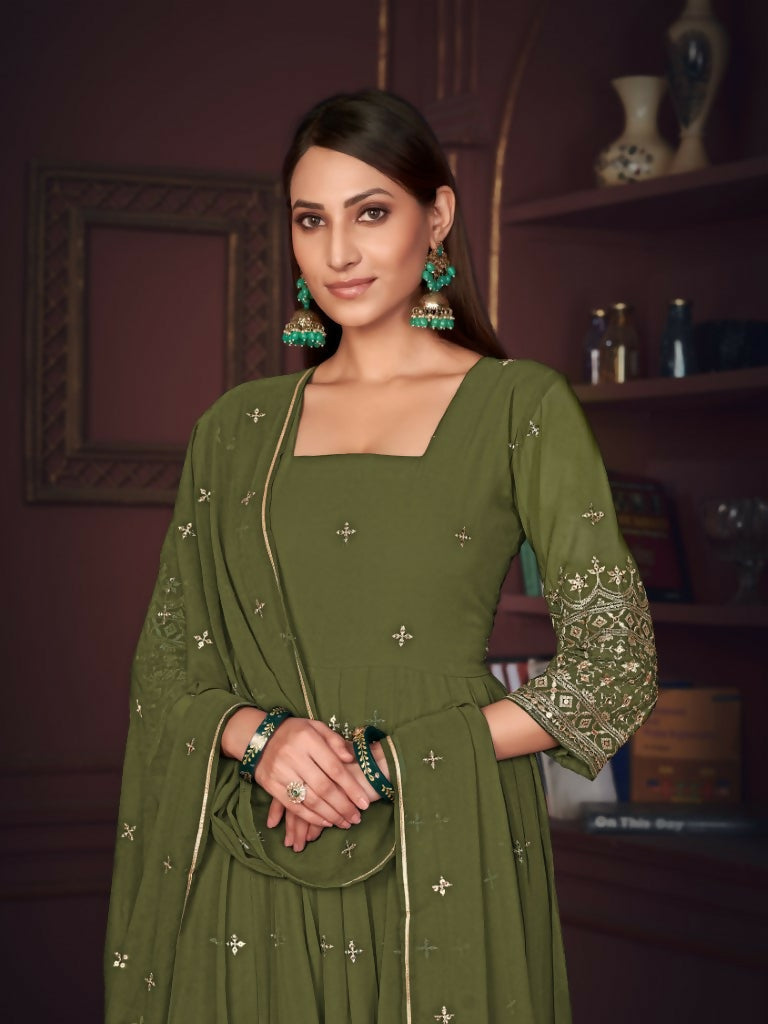 Jyoti Fashion Women's Olive Green Georgette Embroidered Anarkali Kurta Pant Set With Dupatta | Swadesiicart