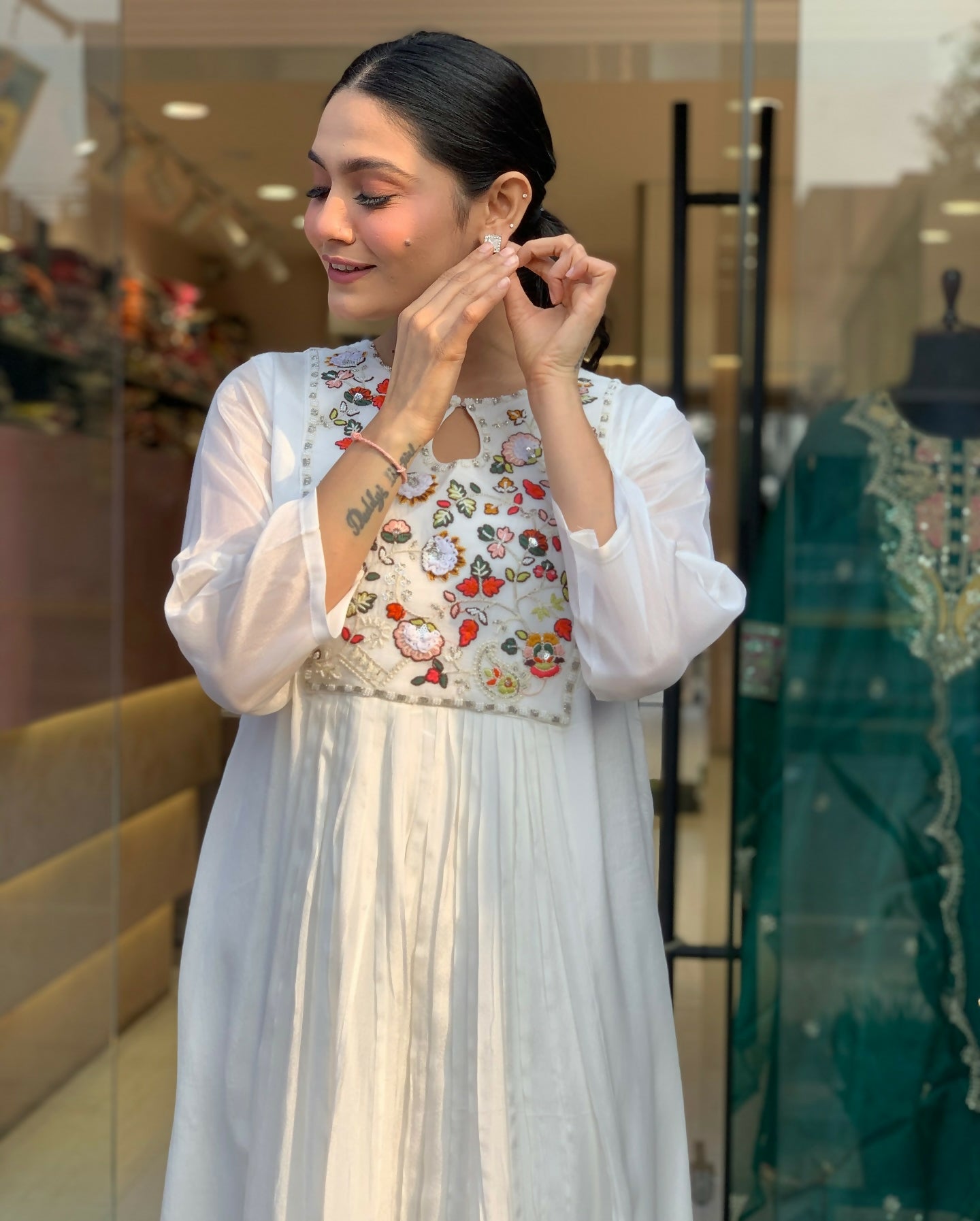 The52 White Women's Gorgeous Embroidered Viscose Chiffon Fabric Pleated Kurta Pant with Dupatta Set - Swadesiicart