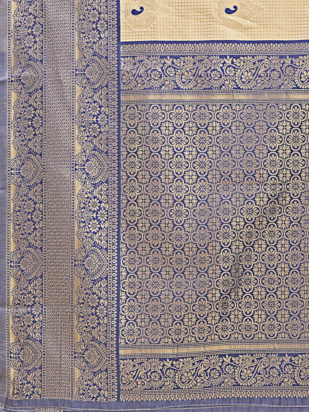 Astita Aura Silk Cream Navy Blue Banarasi Silk Saree | Swadesiicart