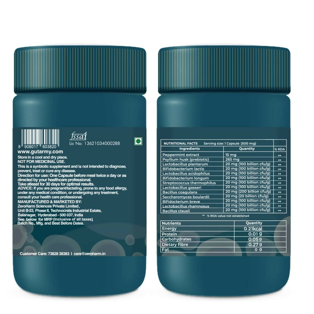 Zeroharm Gut Army Probiotics Constipation & IBS Capsules - Swadesiicart