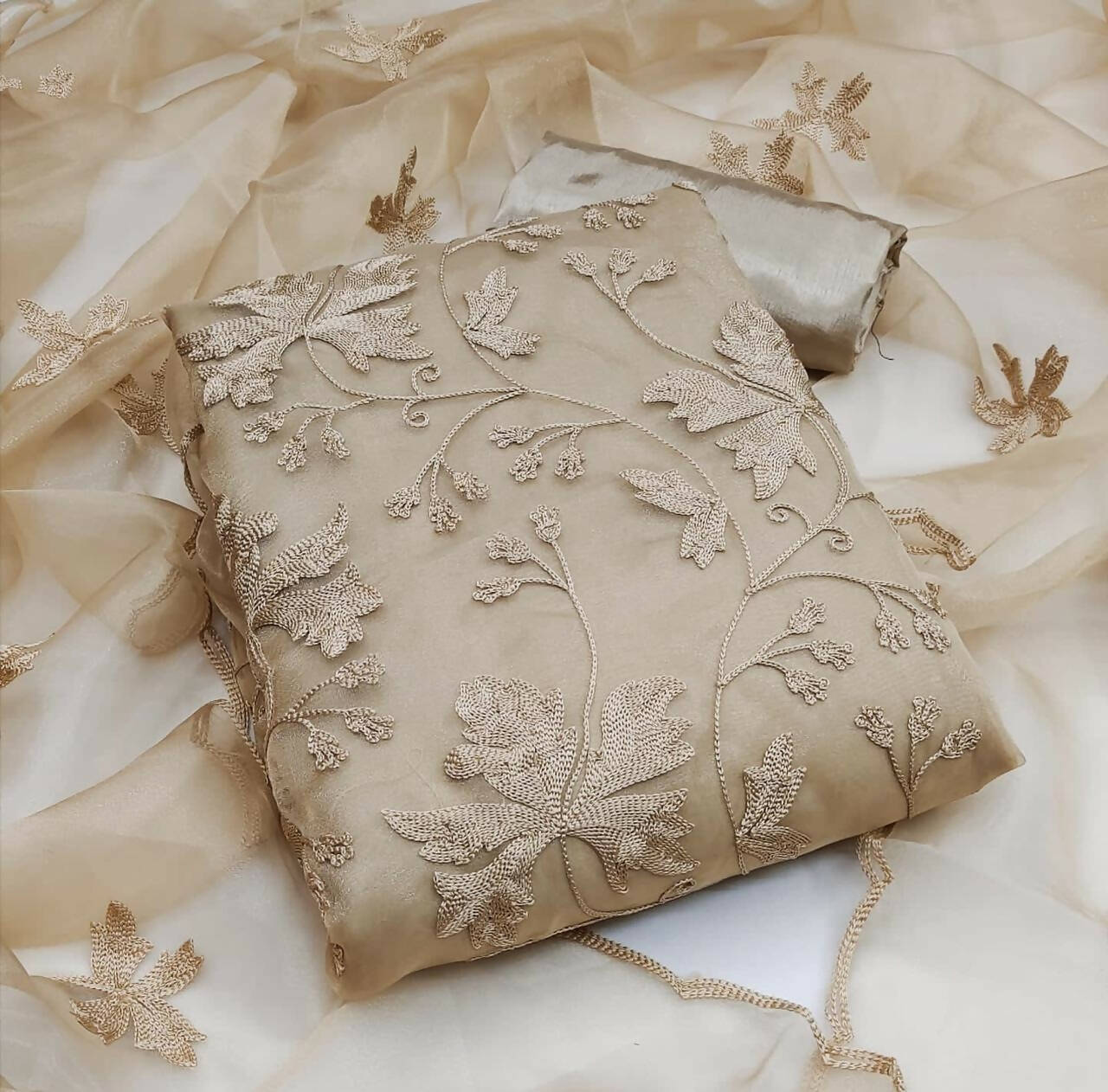Beige Heavy Organza Silk Embroidered Unstitched Dress Material - Amara
