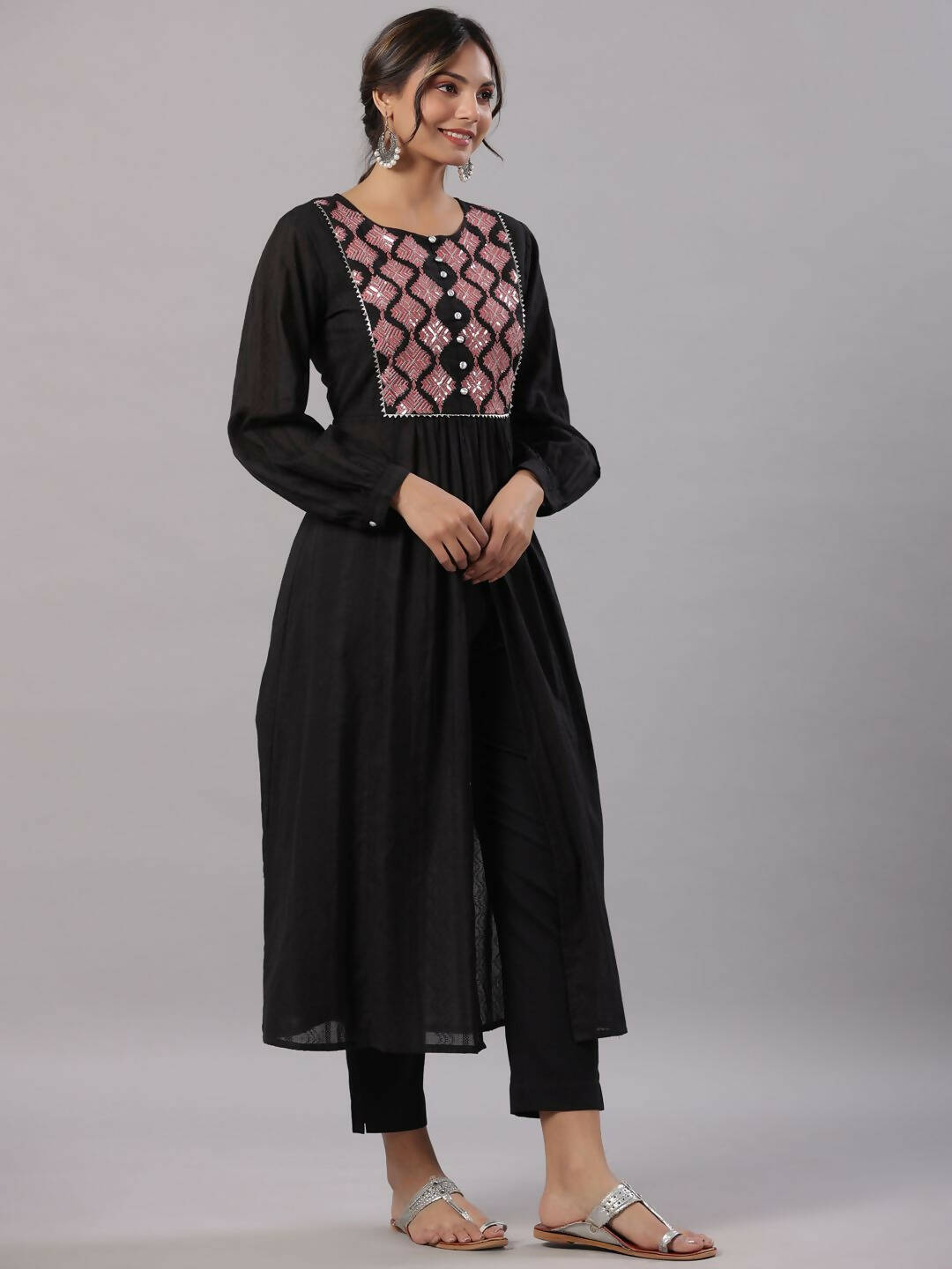 Juniper Women's Black Cotton Dobby Solid With Embroidery Flared Kurta Sets | Swadesiicart