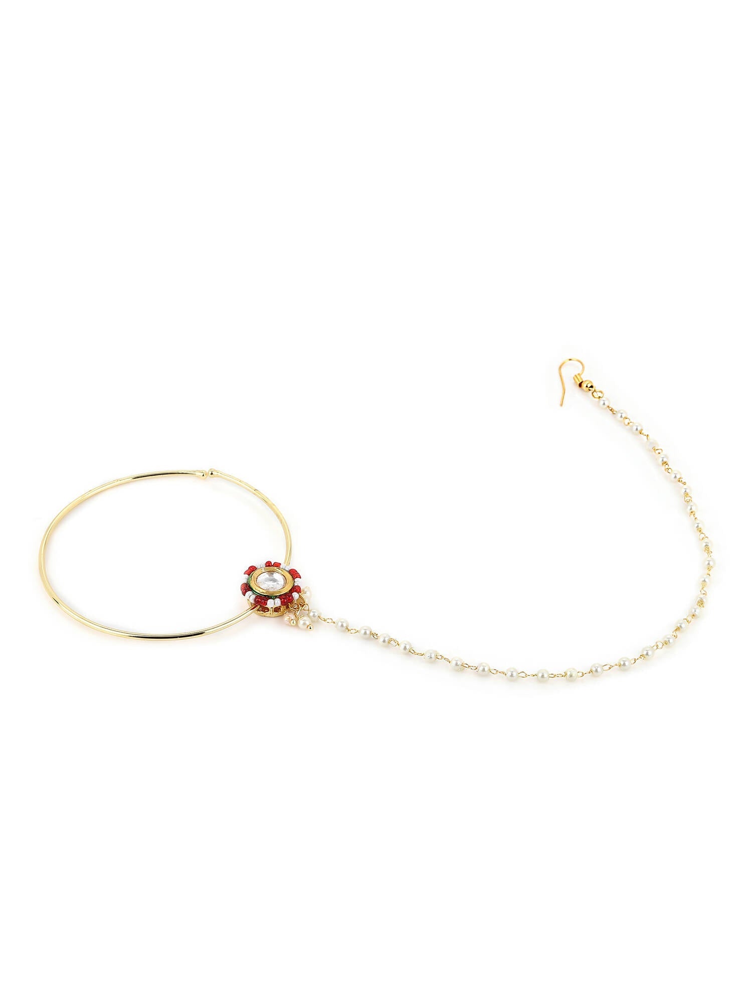 Gold-Pleated Red White Kundan Studded Beaded Chained Nosepin - Ruby Raang | Swadesiicart