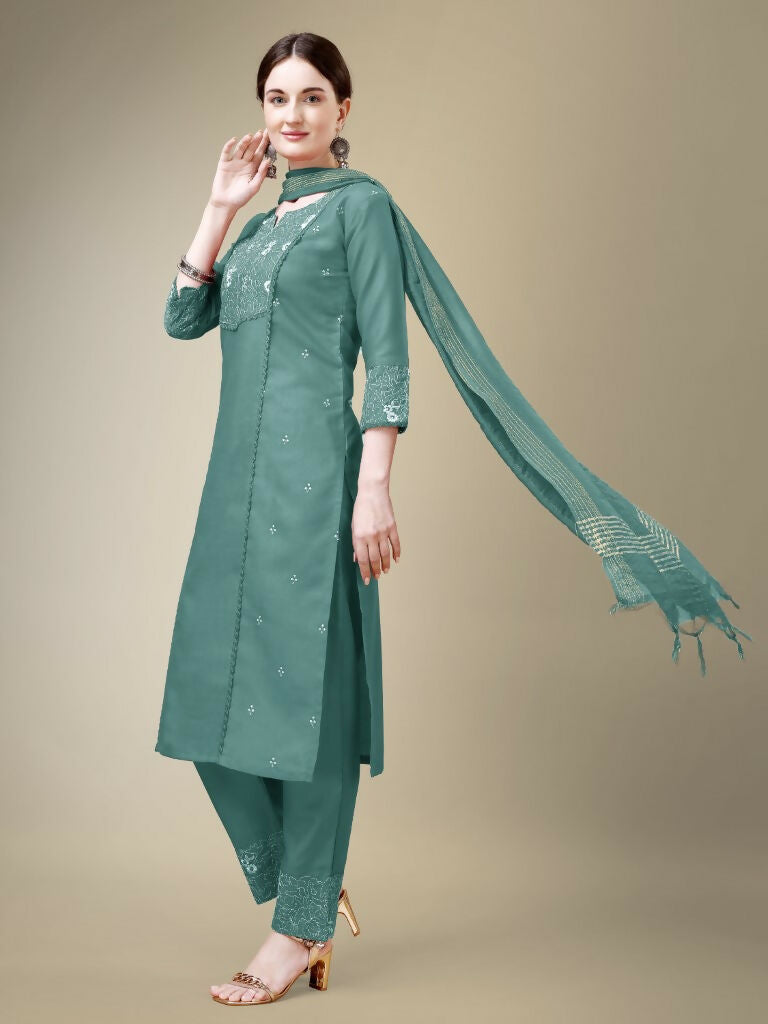 Jyoti Fashion Women's Teal Cotton Blend Embroidery & Fancy Lace work Kurta with Trouser & Dupatta | Swadesiicart