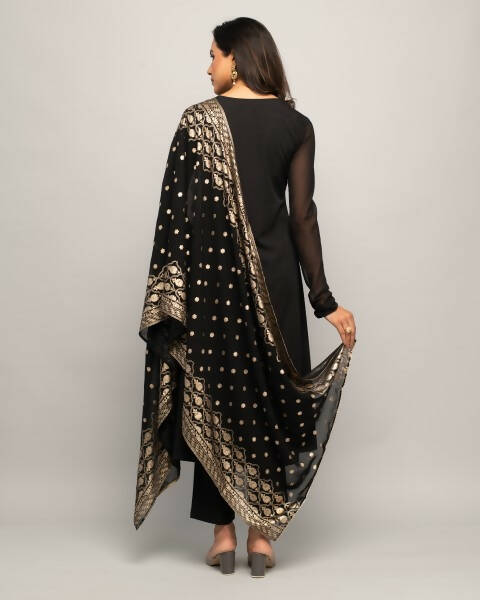 FIORRA Women's Black Creap A-Line Kurta Pant With Dupatta - Swadesiicart