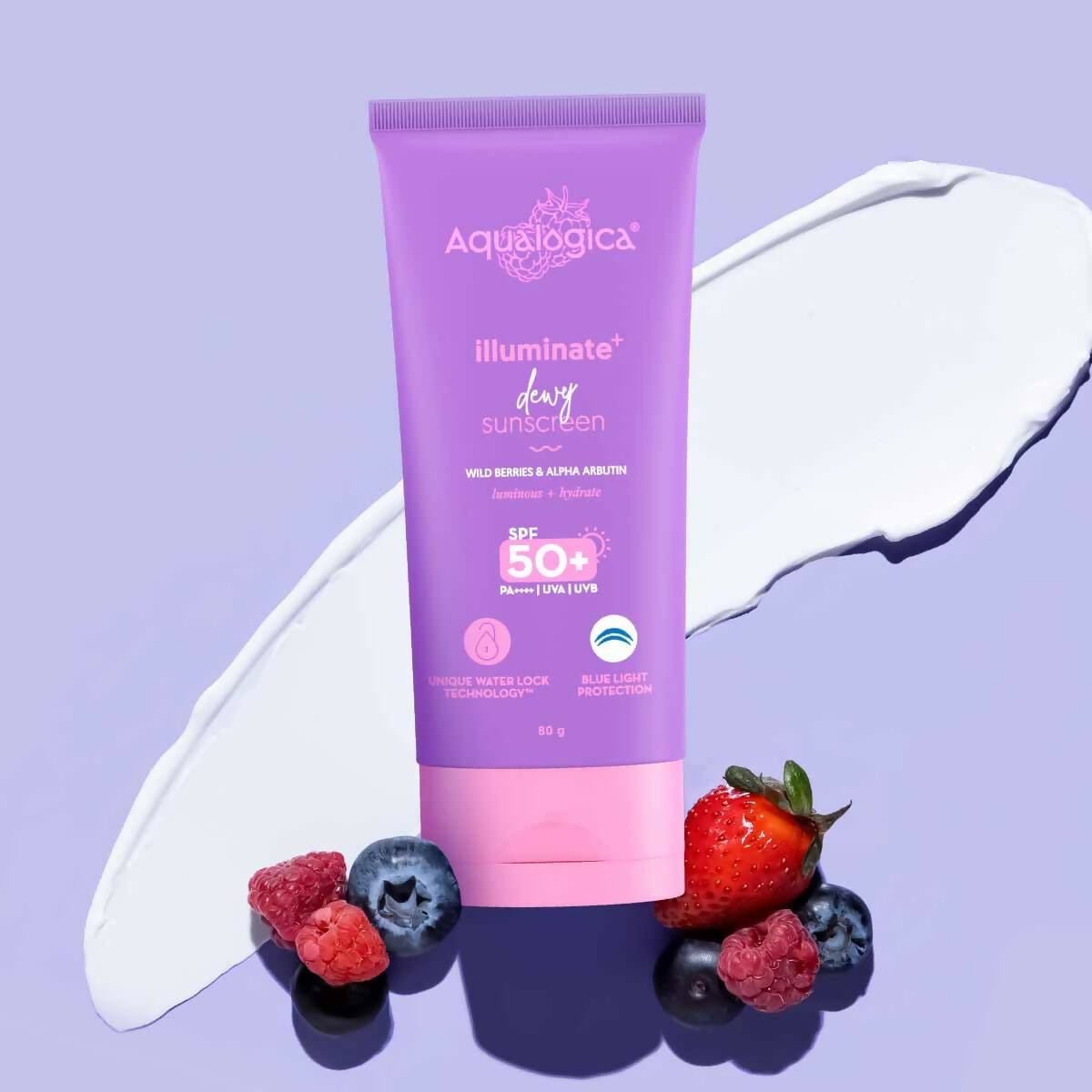 Aqualogica Illuminate+ Dewy Sunscreen SPF 50+ PA++++ with Wild Berries & Alpha Arbutin, Protection Against Uva/B & Blue Light Protection - Distacart