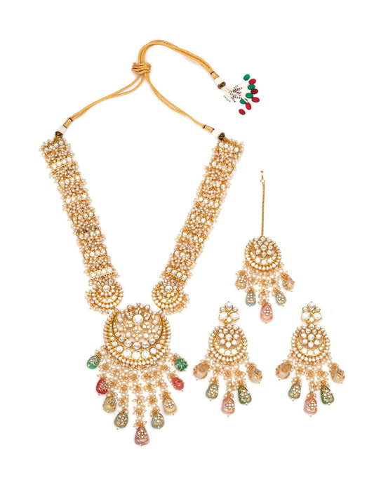 Long Kundan Neckpiece with Earrings & Maang Tikka with Multi Stones Jewellery Set (Gold) - Ruby Raang - Swadesiicart