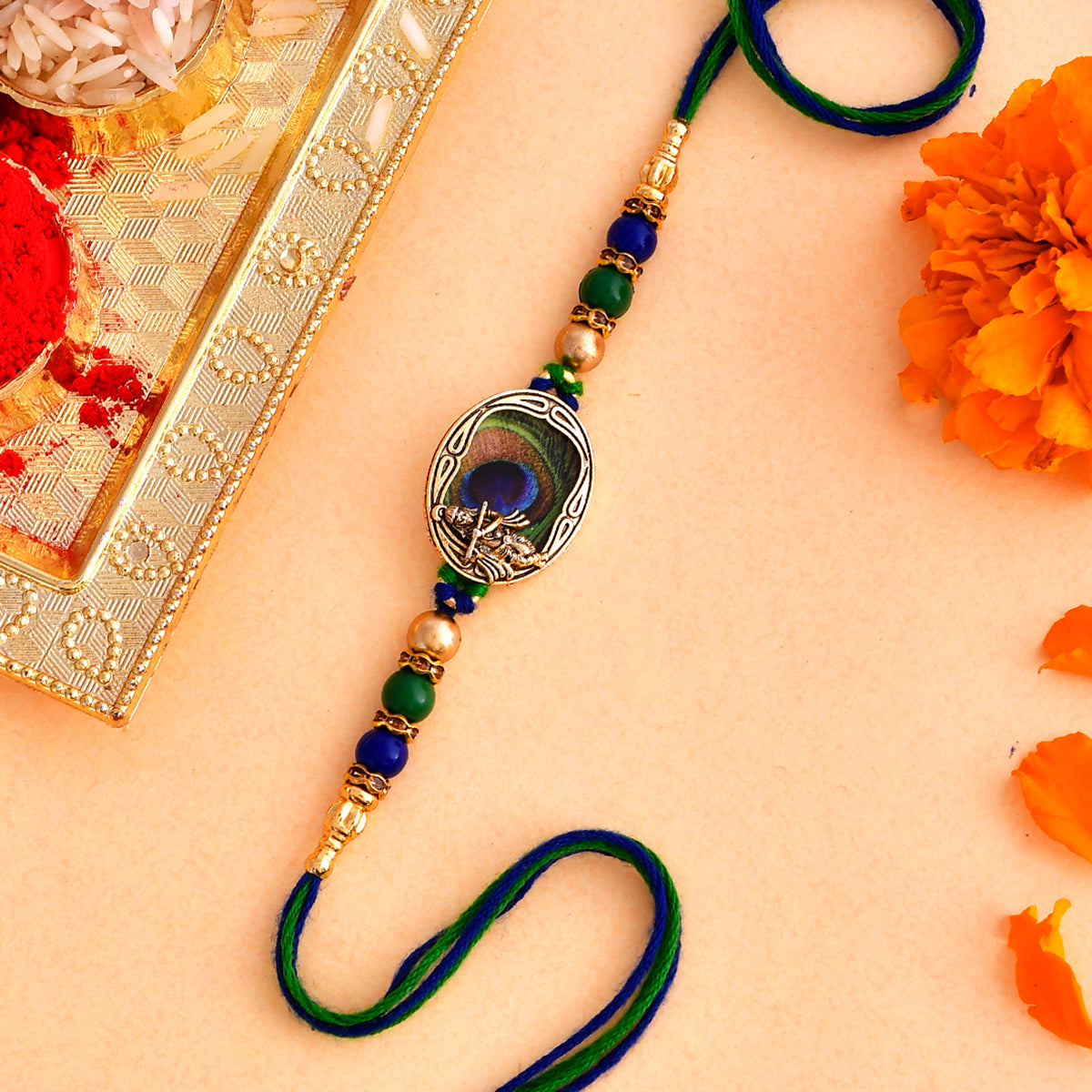 trueBrowns X Voylla Peacock Feather Beaded Single Rakhi | Swadesiicart