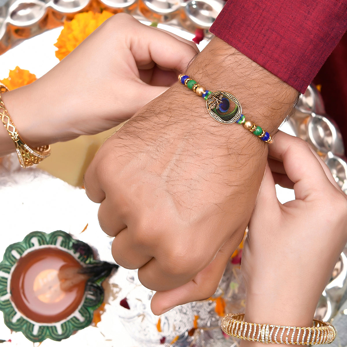 trueBrowns X Voylla Peacock Feather Beaded Single Rakhi | Swadesiicart