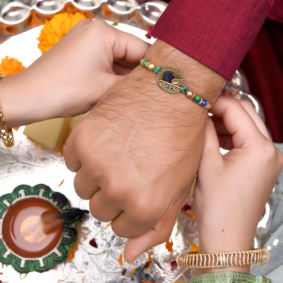 trueBrowns X Voylla Radha Krishna Peacock Feather Beaded Thread Rakhi | Swadesiicart
