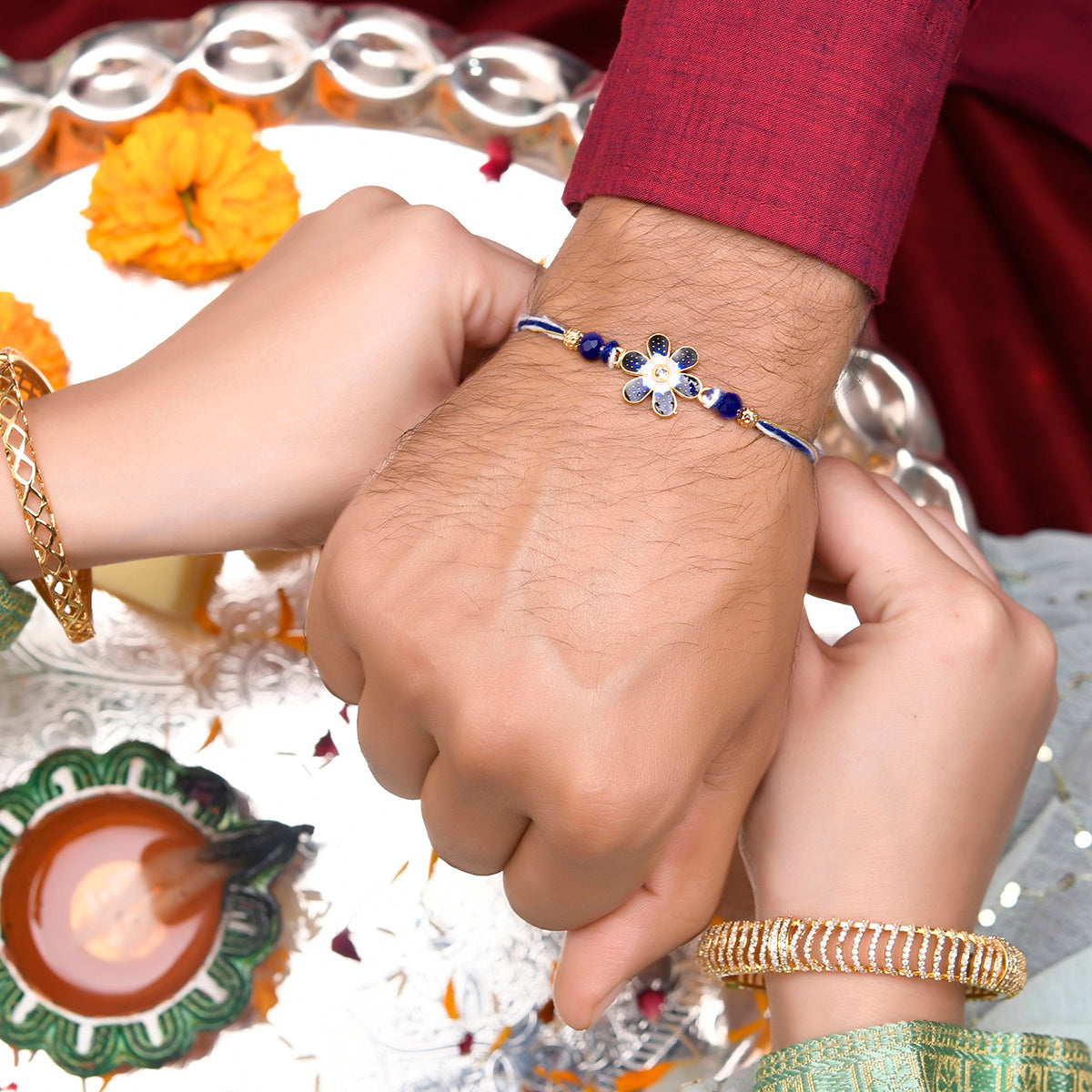 trueBrowns X Voylla Ethnic Floral Motif Blue Thread Rakhi | Swadesiicart