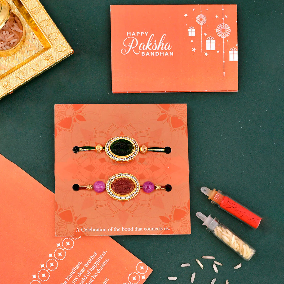 trueBrowns X Voylla Studded Pink And Green Thread Rakhis - Pack Of 2 | Swadesiicart
