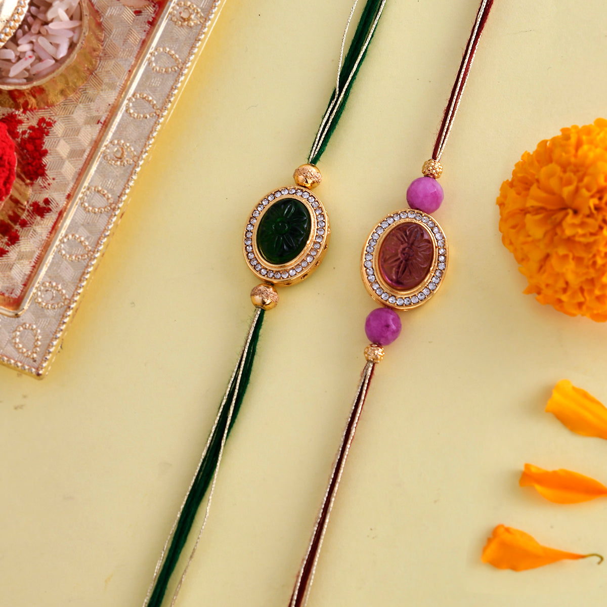 trueBrowns X Voylla Studded Pink And Green Thread Rakhis - Pack Of 2 | Swadesiicart